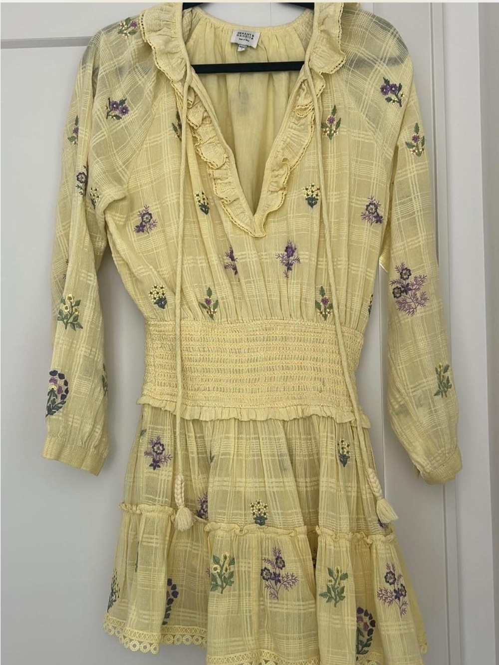 Smocked Waist Yellow Floral Mini Dress with Ruffle V-Neck